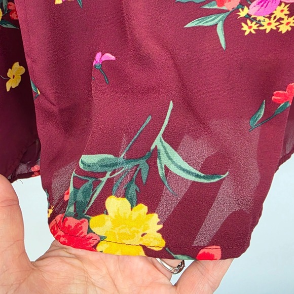 Old Navy Womens XXL Burgundy Floral Split Neck Sheer Blouse Long Sleeve Boho - Picture 7 of 12
